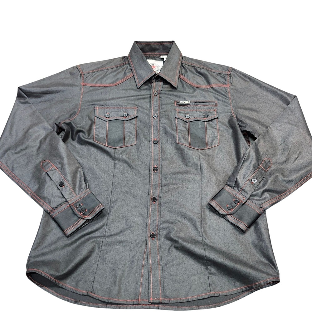 DVC Platini Mens Charcoal Grey Red Contrast Stitch Western Zip Pocket Shirt M